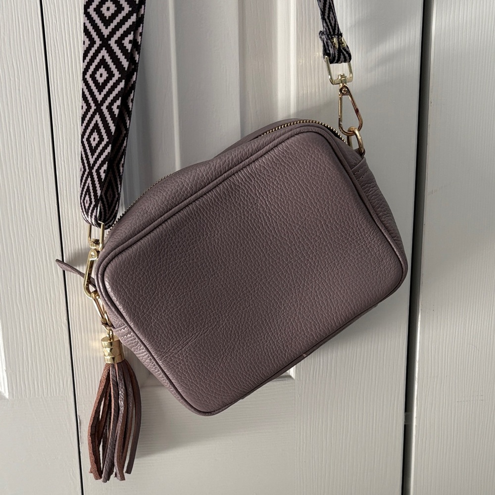 Chic Taupe Elie Beaumont Crossbody Bag with Patterned Strap